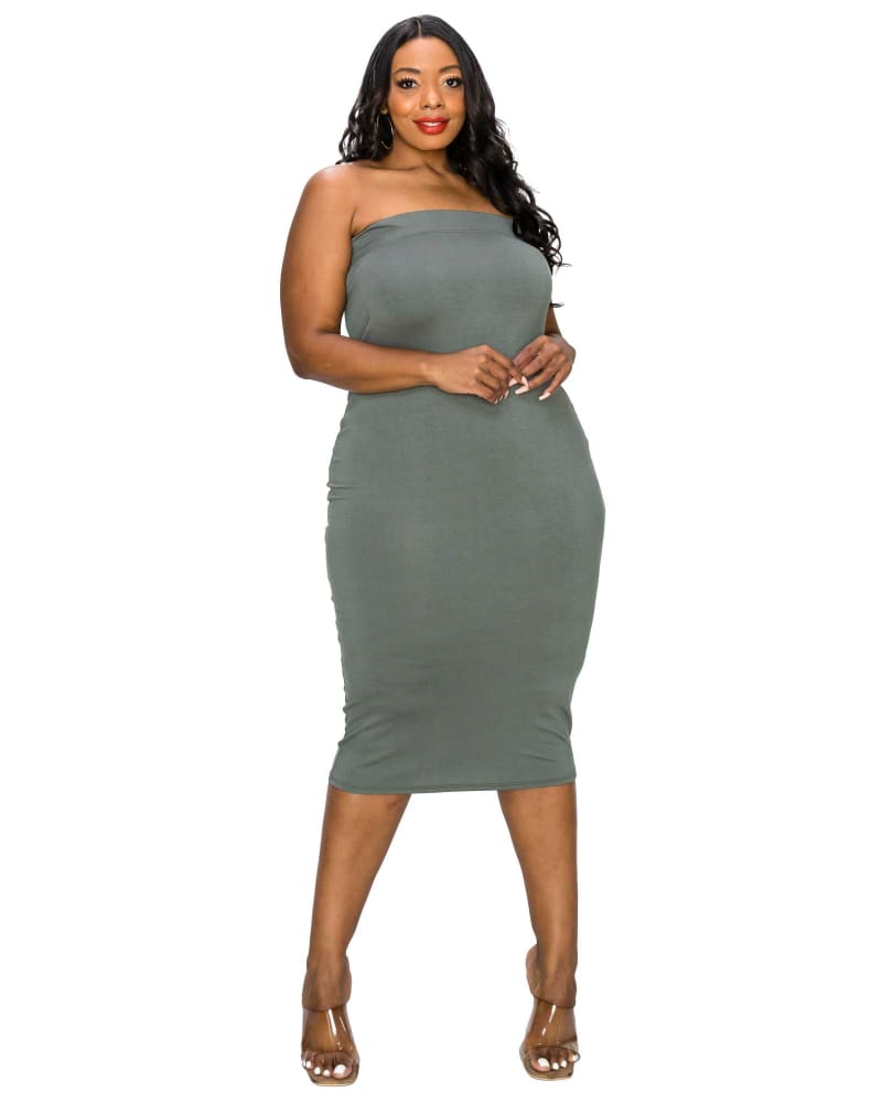 Front of a model wearing a size 1X Willow Tube Dress in Lt Olive by L I V D. | dia_product_style_image_id:363784
